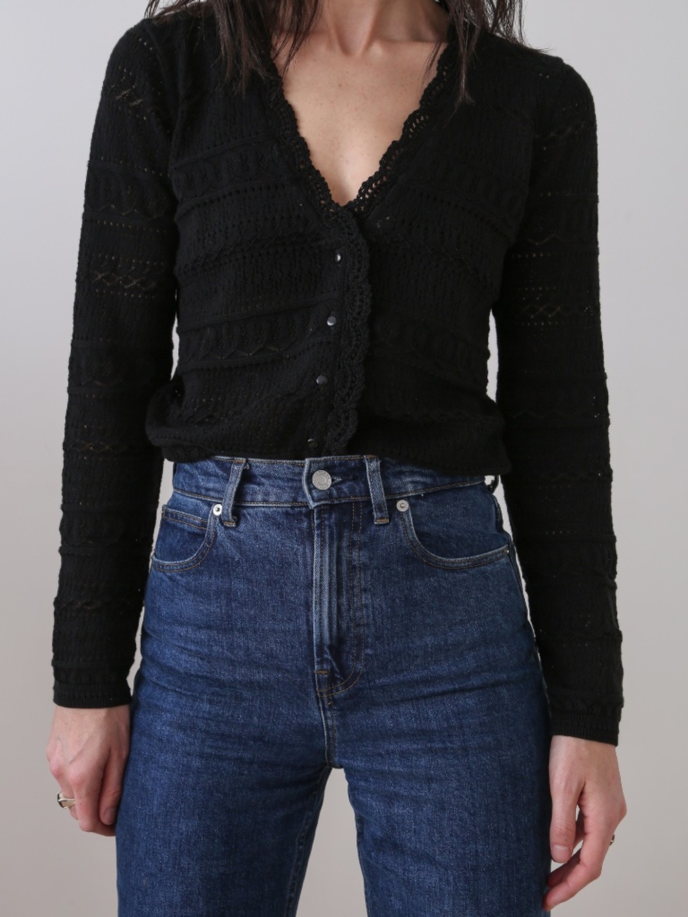 Sezane Black Cropped Lace-Trim Cardigan
